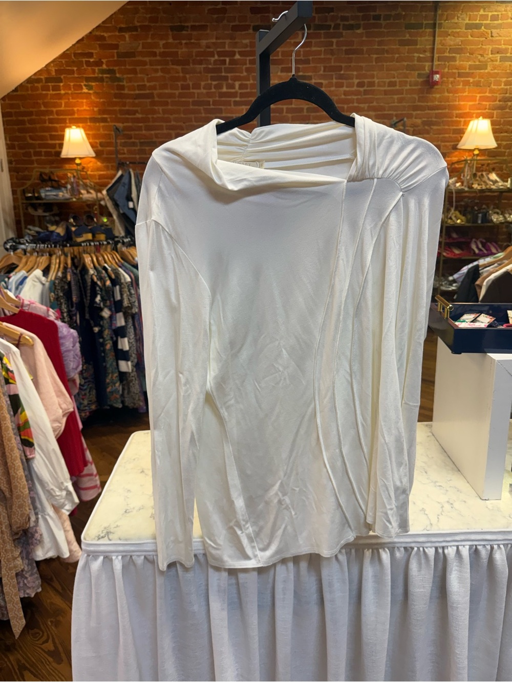 Women's Cream Long-Sleeve Draped Neck Tee